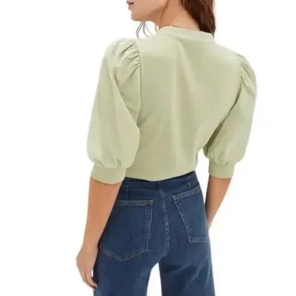 Veronica Beard Pale Green Puff Sleeve Henley Top - Picture 2 of 16